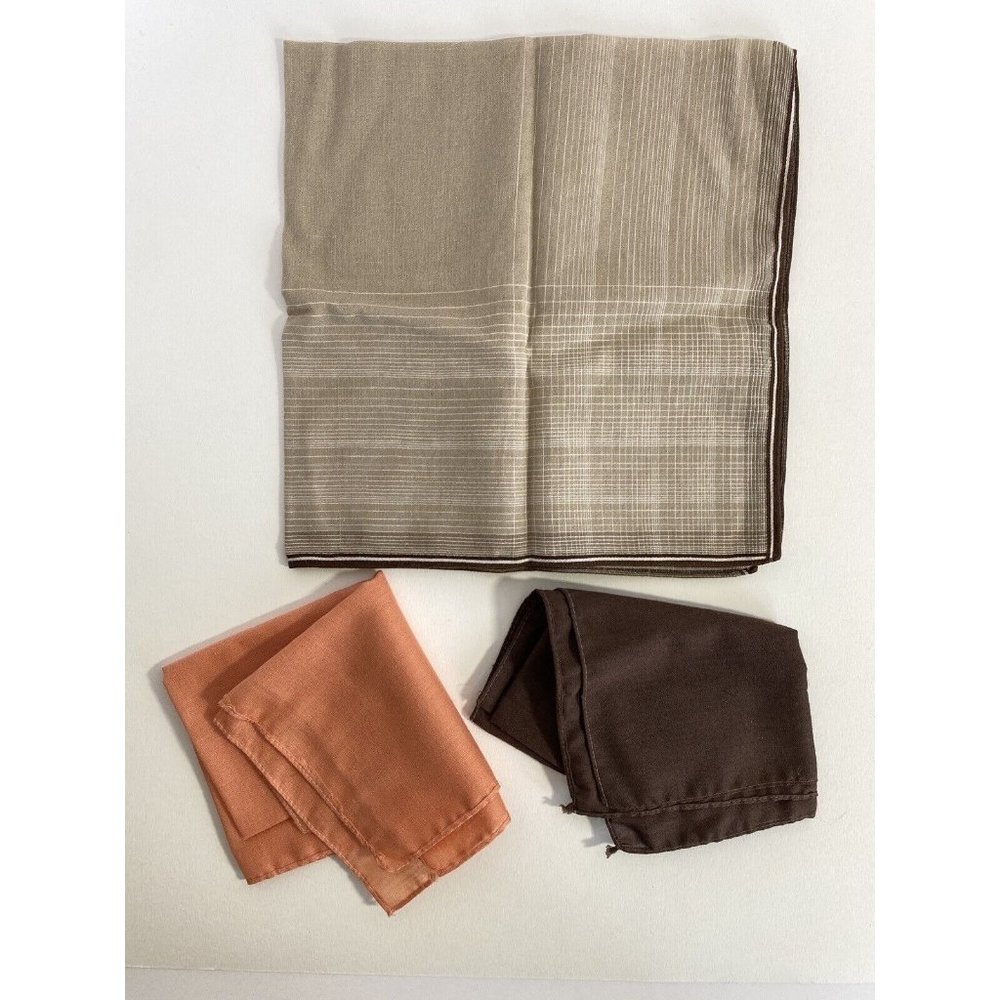 Large Tan Striped Handkerchief Small Brown & Peach Vintage Set of 3 Squares